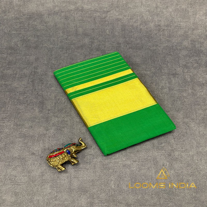 Balaramapuram Handloom Cotton Saree – Vibrant Green Body with Classic Golden Kasavu Border