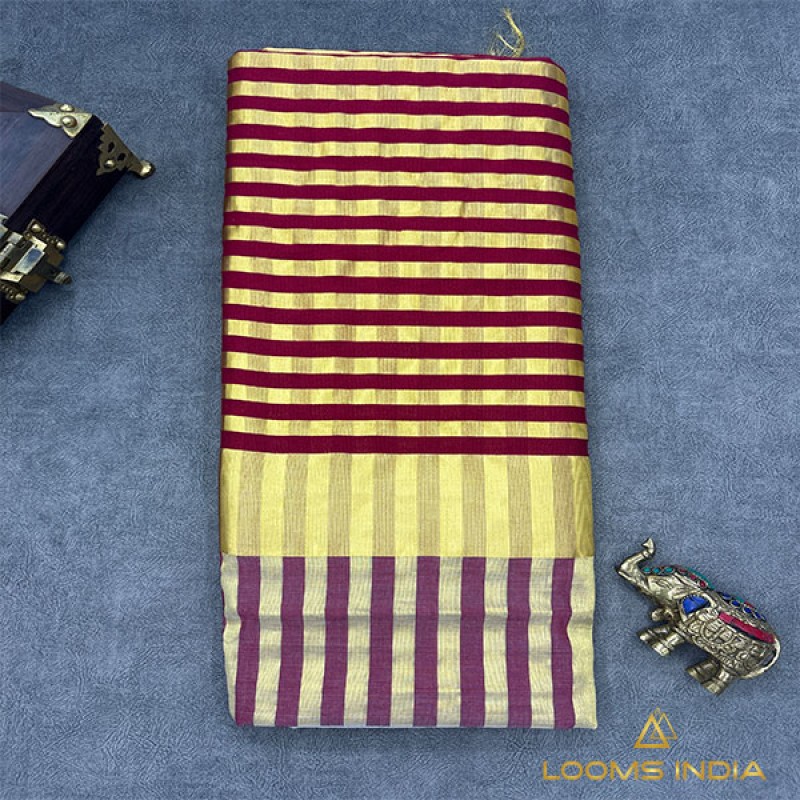 Balaramapuram Unakkupavu Handloom Tissue Saree – Bold Maroon & Gold Zari Stripe Body with Half Saree Pallu Design