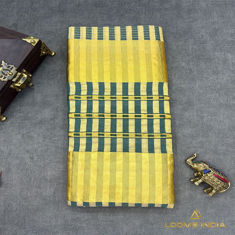 Balaramapuram Unakkupavu Handloom Tissue Saree – Gold & Teal Zari Stripe Body with Half Saree Pallu Design