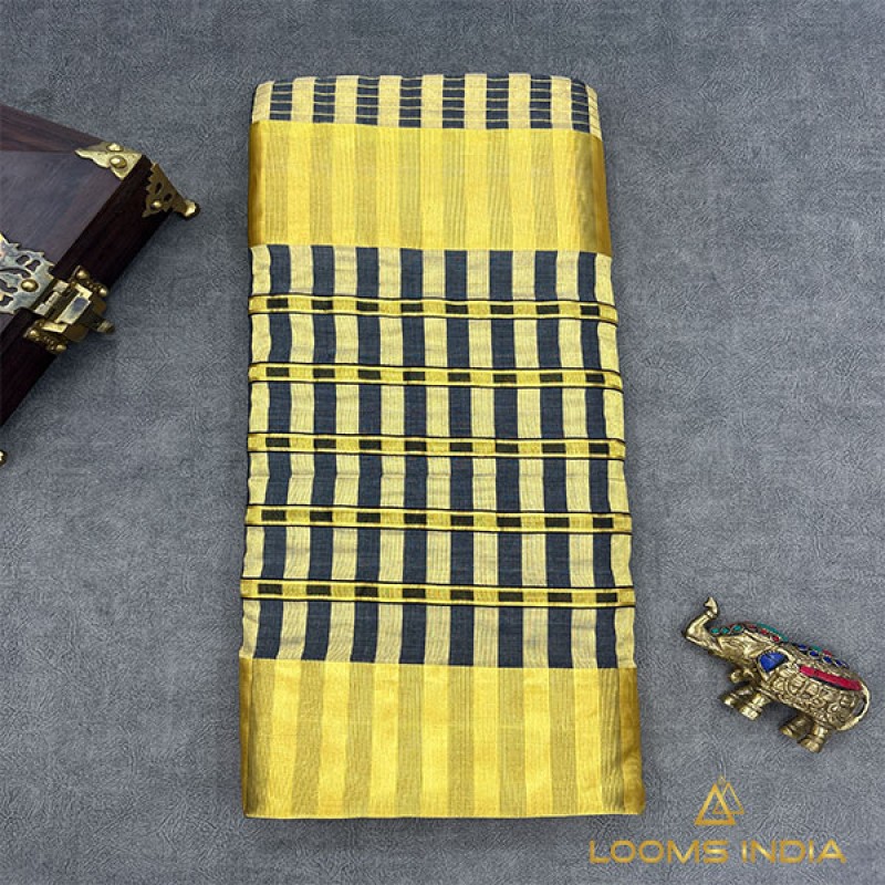 Balaramapuram Unakkupavu Handloom Tissue Saree – Gold & Black Zari Stripe Body with Half Saree Pallu Design