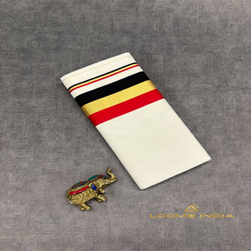 Balaramapuram Handloom Cotton Saree – Pristine White with Bold Red, Black & Golden Zari Border