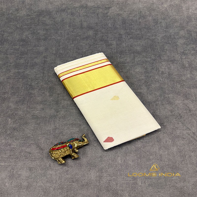 Balaramapuram Handloom Cotton Saree – All-Over Zari & Thread Motifs with Rust Kasavu Border