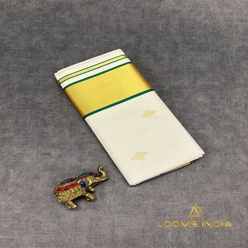 Balaramapuram Handloom Cotton Saree – All-Over Zari & Thread Motifs with Contrast Green Kasavu Border