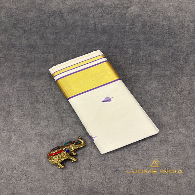 Balaramapuram Handloom Cotton Saree – All-Over Zari & Thread Motifs with Soft Lavender Kasavu Border