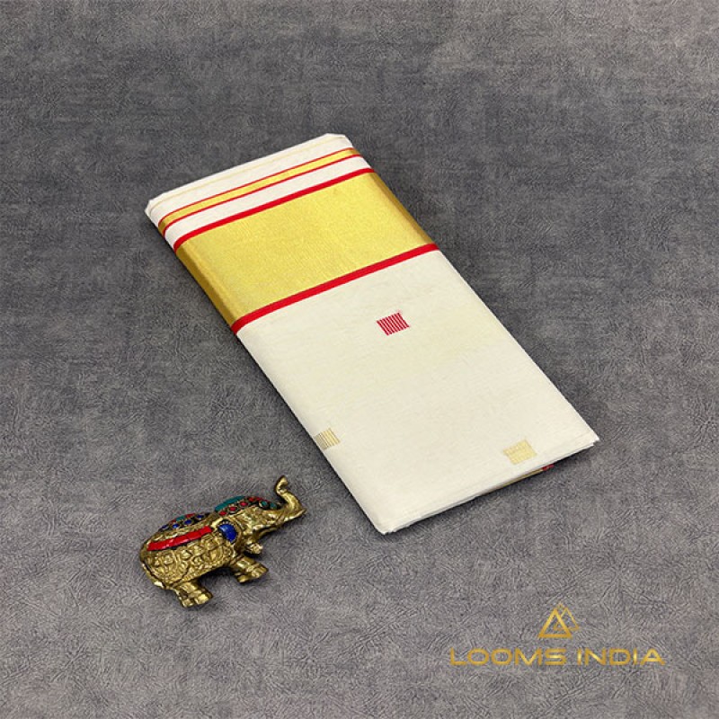 Balaramapuram Handloom Cotton Saree – All-Over Zari & Thread Motifs with Bold Red Kasavu Border