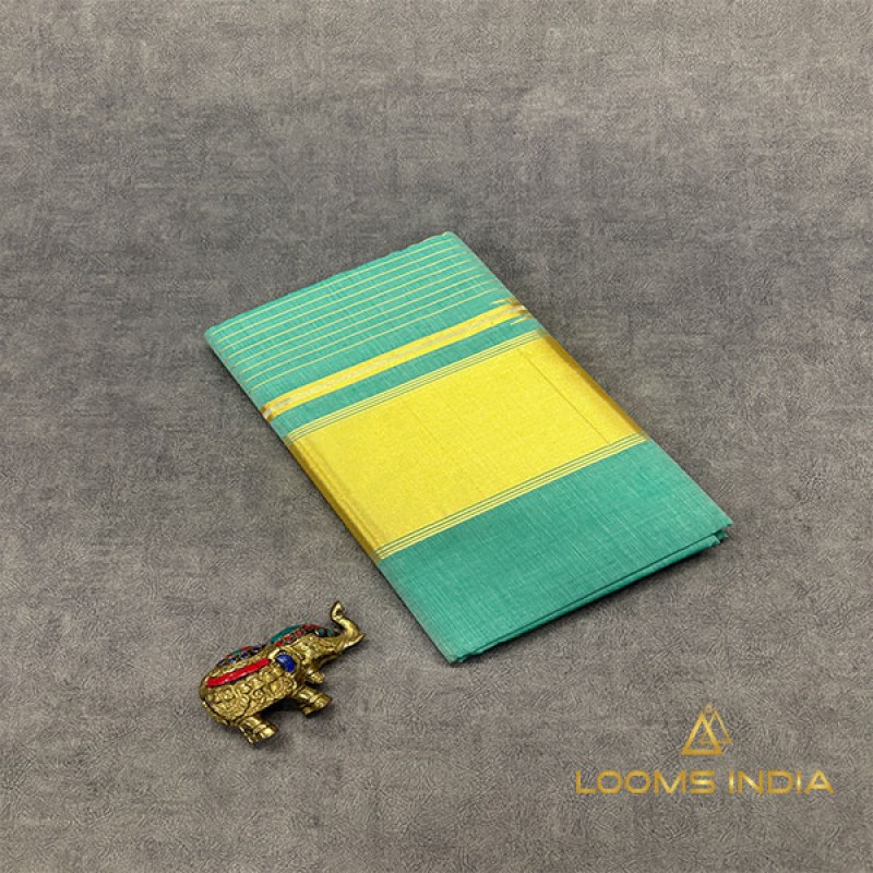 Balaramapuram Handloom Cotton Saree – Pastel Teal Green Body with Classic Golden Kasavu Border