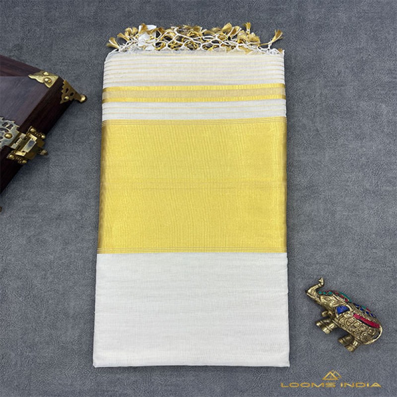 Balaramapuram Unakkupavu Handloom Tissue Saree – Broad 10-Inch Zari Border with Classic Kasavu Pallu