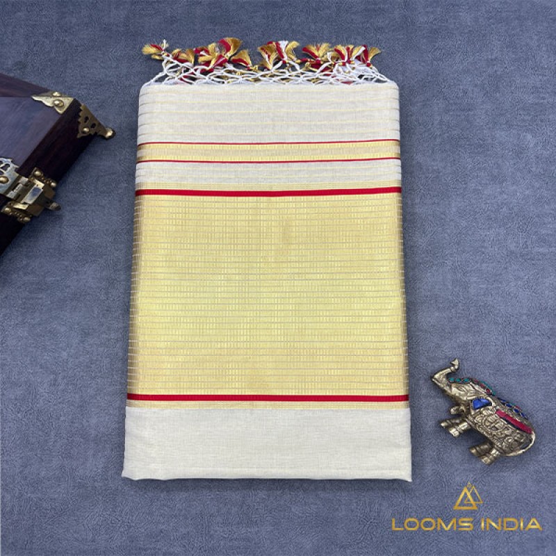 Balaramapuram Unakkupavu Handloom Tissue Saree – 10-Inch Kasavu Border with Red Piping Detail