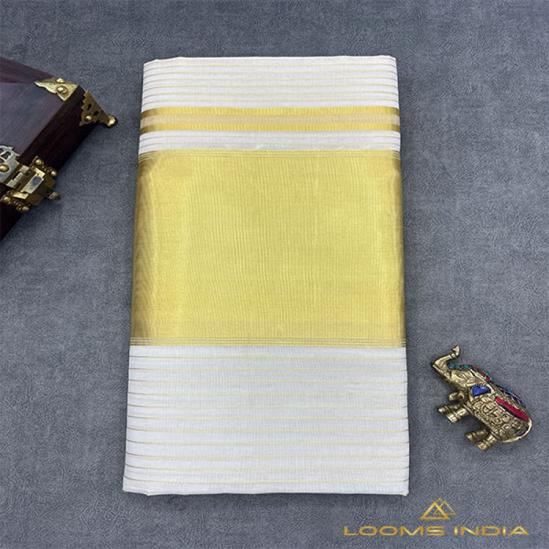 Balaramapuram Unakkupavu Handloom Tissue Saree – Classic 10-Inch Kasavu Border with All-Over Zari Stripes