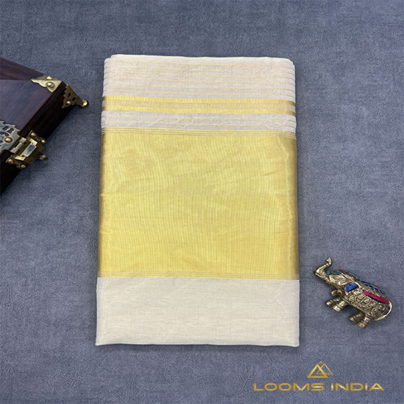 Balaramapuram Unakkupavu Handloom Tissue Saree – Plain Luminous Body with Grand 10-Inch Kasavu Border