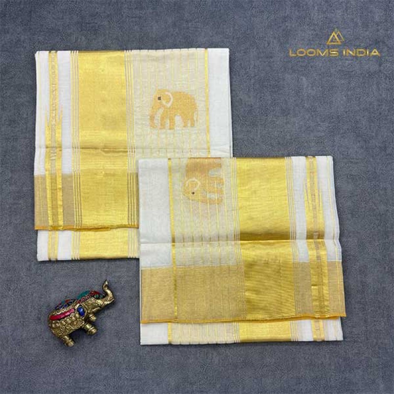 Balaramapuram Unakkupavu Handloom Cotton Saree – Yaanai Motif Golden Kasavu