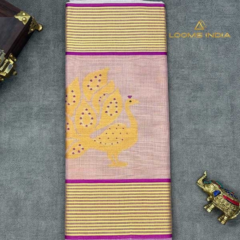 PEACOCK DESIGN PURE HANDLOOM KASAVU SAREE
