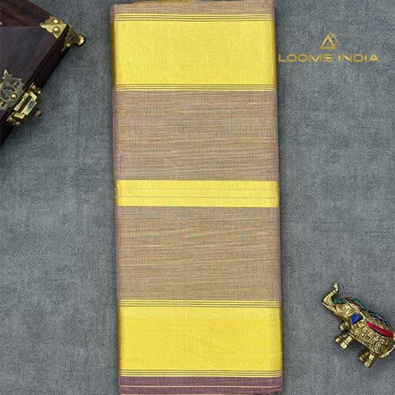 Balaramapuram Handloom Cotton Saree – Light Maroon All-Over Zari Stripe Body with Classic Kasavu Border