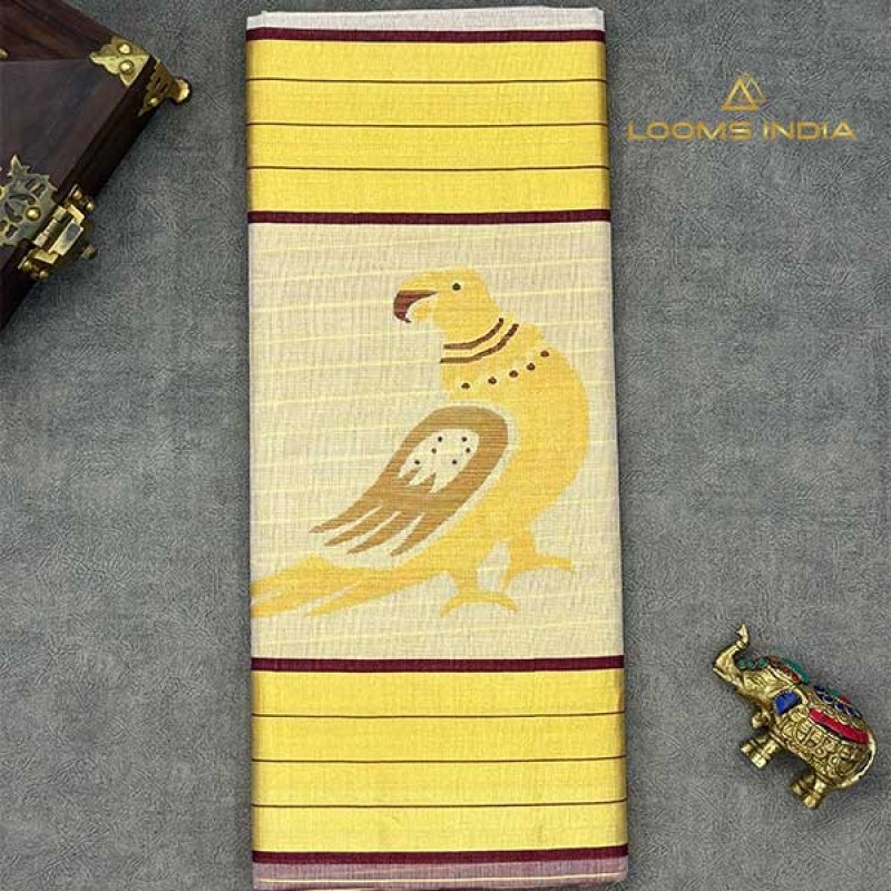 Balaramapuram Unakkupavu Handloom Cotton Saree – Parrot Motif Pallu with Maroon Zari Border