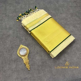 Balaramapuram Unakkupavu Tissue Single Set Mundu – Golden Kasavu with Green Piping & Chuttikkara Design