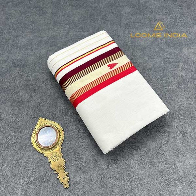 Balaramapuram Unakkupavu Single Set Mundu – Red & Dark Maroon Kara with Golden Kasavu & Patterned Neriyathu