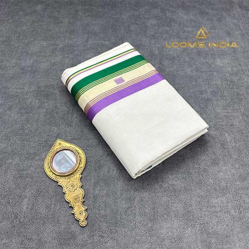 Balaramapuram Unakkupavu Single Set Mundu – Lavender & Green Kara with Golden Kasavu & Patterned Neriyathu